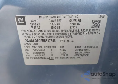 2011 Chevrolet Equinox 1Lt from USA, damaged, VIN 2CNALDEC0B6317546